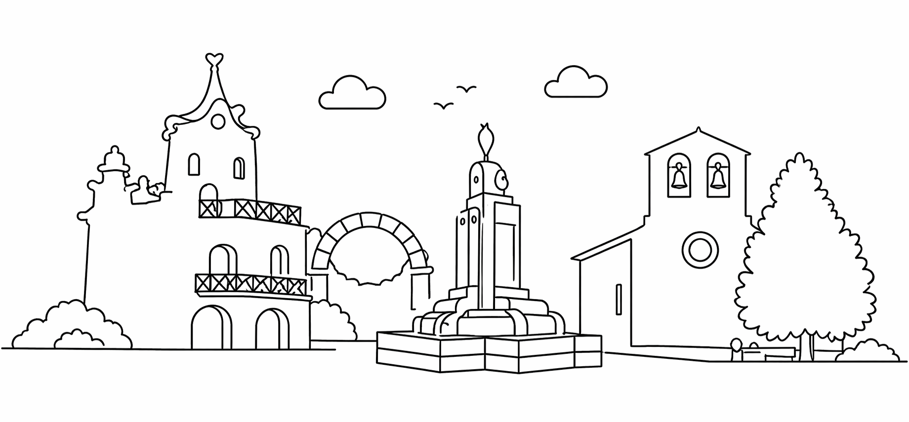 Ilustración del pueblo de Rillo de Gallo: el castillo, el arco, el monumento y la iglesia